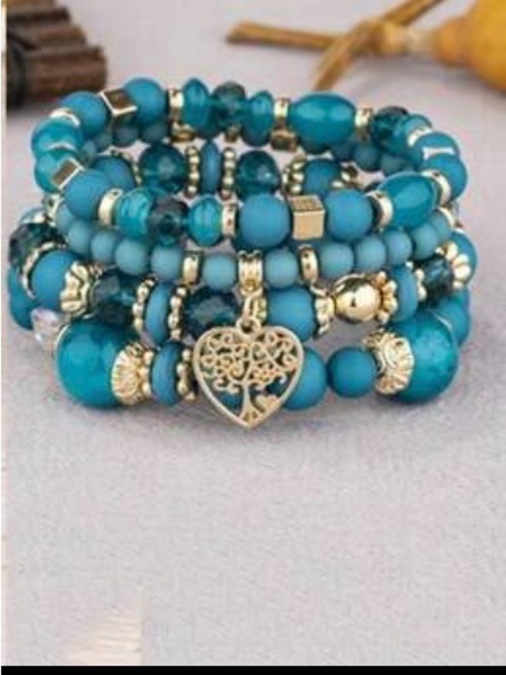 Turquoise Beaded Stack Bracelet with Gold Heart Charm